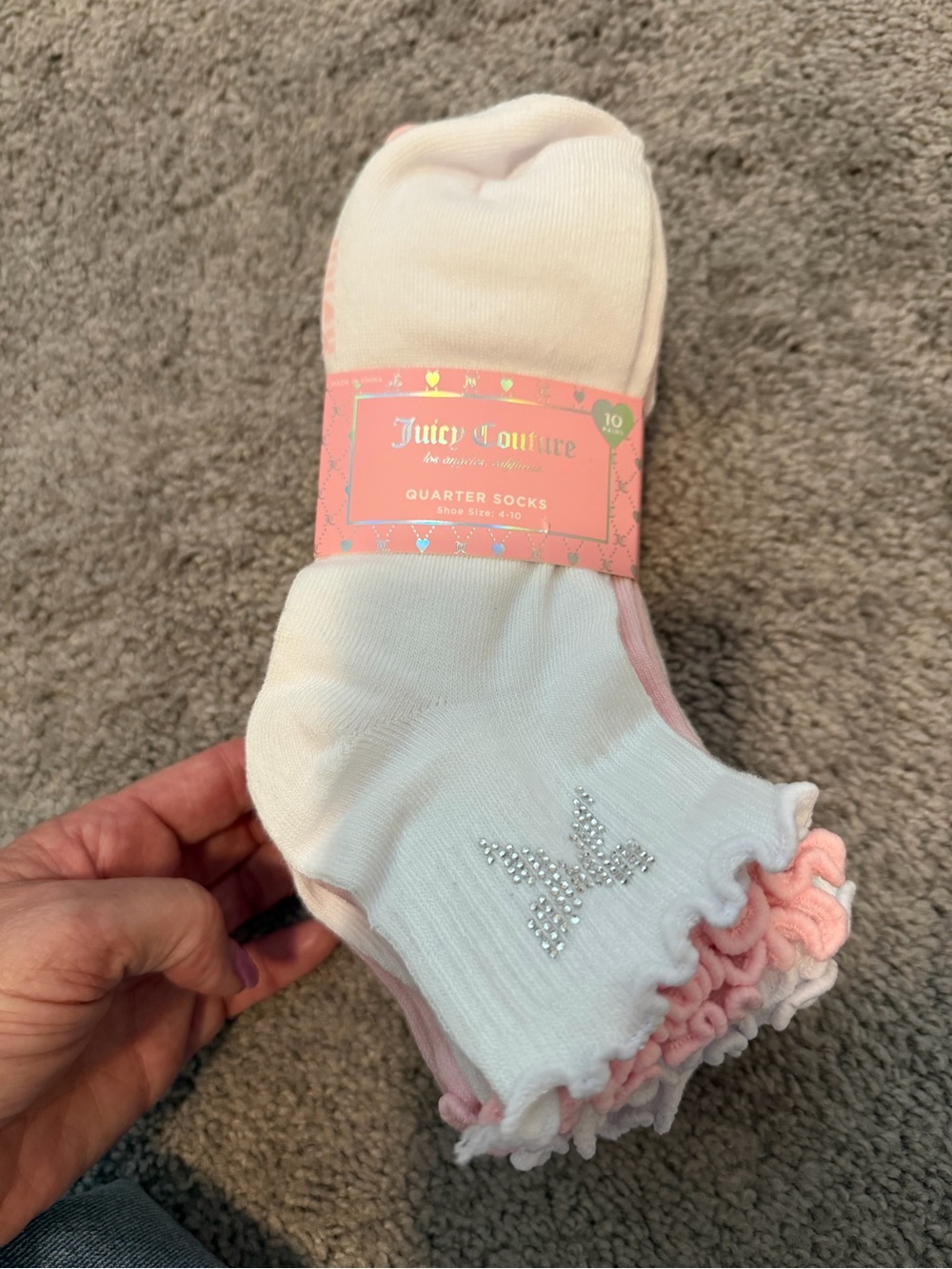 Juicy Couture 10 pk Ruffle Quarter Socks white & pink